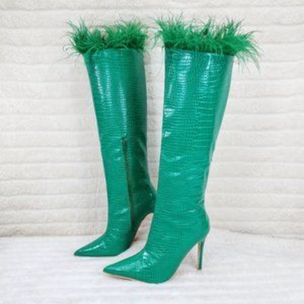 Flirty Green Patent Stiletto Heel Knee High Boots Sexy Feather Top